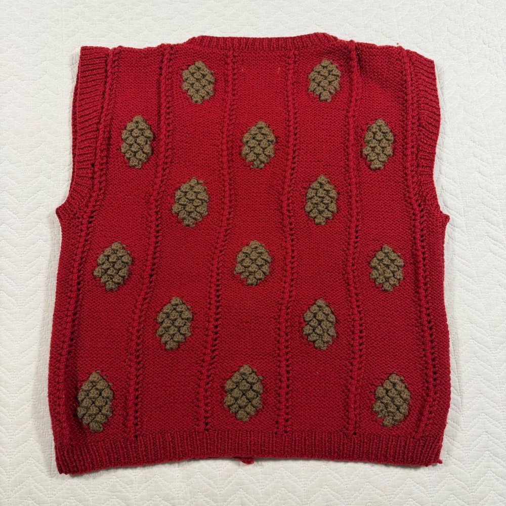 Vintage Foxcroft Red Hand Knit 100% Wool Vest With Pinecone Appliques Size S - Picture 5 of 9